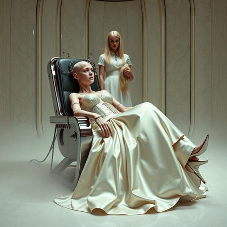 A slender, totally bald, arrogant  rich norvegian bride, reclined in a polished steel restraint fetish chair, dressed in a luxurious, rich fantasy satin wedding gown with a fitted, boned corset accentuating her ultra-thin waist. and a full, flared skirt, paired with satin high heels, orgasm face. The massive electrodes holding her head pressed to the steel restraint chair headrest,  cabled to a  futuristic superconputer rack. Her hands and ankles are bound to the steel restraint chair   by massive steel restraints,   weird fog from the floor.  (Tall french maid at background   holding her blonde long haired wig.) The scene is set in a sterile, empty chamber, with a glossy mother-of-pearl finish, evoking a sense of futuristic dread. Inspired by the cinematic styles of Ridley Scott, Guillermo del Toro, and H.R. Giger, with a blend of sci-fi and horror elements, this full-body portrait is a masterpiece of cinematic storytelling, shot on a virtual v-raptor XL camera, with a warm, film-grained aesthetic, subtle vignette, and rich color grading, reminiscent of 35mm film, with dramatic, atmospheric lighting, inviting the viewer to immerse themselves in this epic, stunning scene.