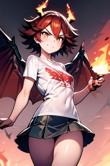 1girl, <lora:lxnadia:1>, short hair, skirt, t-shirt, red hair, dragon horns, dragon wings, fire, fire dragon, flame, smile, angry