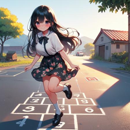 (((masterpiece))),  (((best quality))),  hopscotch,  hopping one-leg,  numbers in white large grid,  fluttering floral skirt,  black stocking,  leather shoes,  banyan,  countryside,  utility pole,  solo,  1girl,  big tits,  hot,  sweat,  ribbon,  longhair,  smile,  shy,  blush, hopscotch,<lora:EMS-276124-EMS:1.000000>