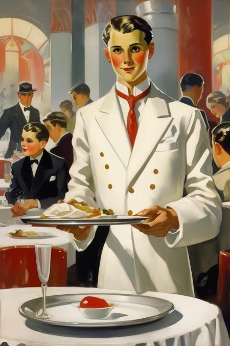 <lora:Paul Gustav Fischer Style:1>Paul Gustav Fischer Style - /img act as a ten-year-old designer, paint a full-time waiter from the USSR of 1930, a man in the White jacket, a white napkin and a tray in hand. Base the waiter from the Woolga Woman movie