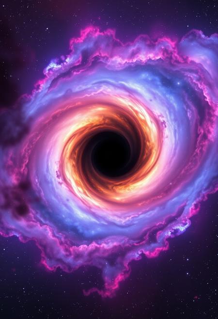 a front centered view of space nebula with beautiful colors, at the center lies a giant black hole spiral