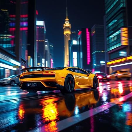 A cinematic shot of the lamborghini galardo  speeding down a neon-lit street at night, reflecting the bright, colorful lights from surrounding skyscrapers, with rain-slicked roads creating a mirror effect of the car’s sleek yelow body. The glowing city skyline in the background enhances the futuristic vibe of this intense race scene.