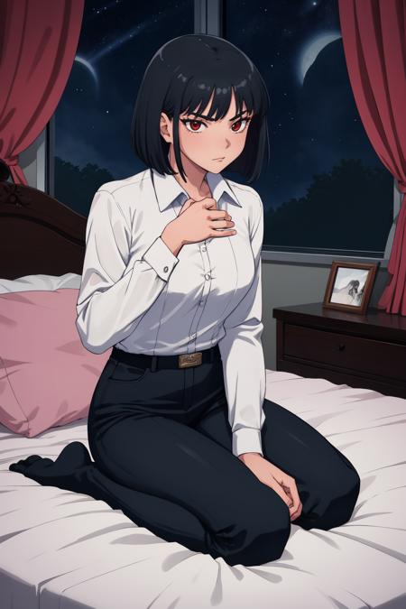 masterpiece, best quality, 1girl, solo, <lora:ryoshu-lc-richy-v1:1> ryoshu, white shirt, black pants, sitting, seiza, bed, bedroom, dark, darkness