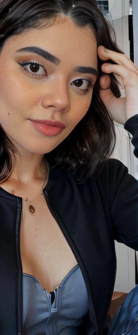 <lora:lyndaparraV2-15:1> a  woman , woman in a casual suit, taking a selfie, with black hair, pretty face , 25 years old