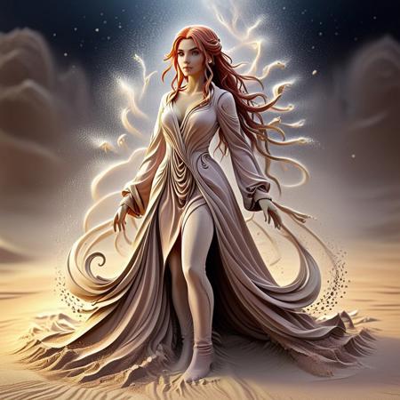 (1 female outfit made of swirling sand:1.1), full body, red outfit made of swirling sand, ice desert background, snow falling, sandswirl, swirling sand, Ice_Water_Fantasy, pink hair, amber eyes, light skin, soft lighting, anime style, comic style, sharp focus, fine details, high quality, precise, high resolution, 4k, 8k,