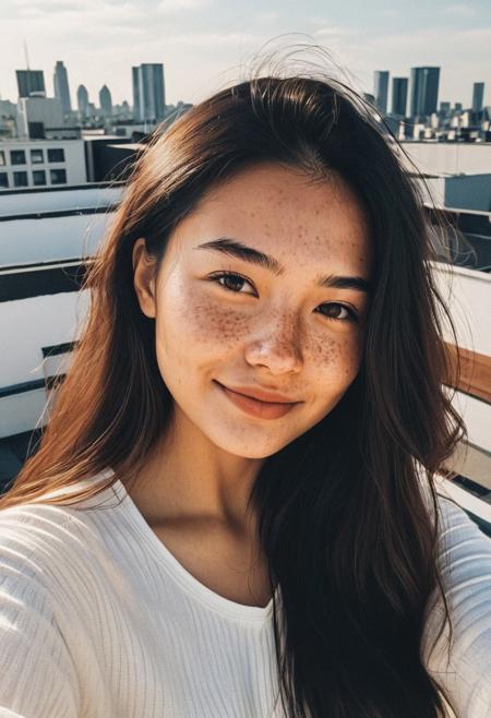 instagram selfie , a 23 year old gorgeous woman , slight smile , beautiful smile, detailed skin face and eyes , natural lighting , sun at rooftop, long hair, white low-cut top,  film grain, low contrast, natural face , freckles , black hair , brown eyes, dark circles under eyes, slim breasts, round breasts, sun