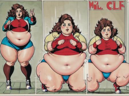 3 panel weight gain sequence  double chin 3 girls thin girl fat girl obese girl sneakers Kitty Pryde big belly huge belly landing on her butt alan davis artstyle falling running x-men comics red shirt 1980s comic coloring cream colored jacket sitting legs tilted up wavy hair wavy brown hair red leg warmers