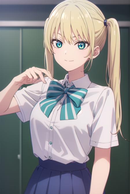 rikahoshizaki, <lora:rika hoshizaki s2-lora-nochekaiser:1>,
rika hoshizaki, (green eyes:1.3), blonde hair, twintails, smile,
BREAK skirt, shirt, bow, school uniform, white shirt, short sleeves, pleated skirt, bowtie, blue skirt,
BREAK indoors, classroom,
BREAK looking at viewer, (cowboy shot:1.5),
BREAK <lyco:GoodHands-beta2:1>, (masterpiece:1.2), best quality, high resolution, unity 8k wallpaper, (illustration:0.8), (beautiful detailed eyes:1.6), extremely detailed face, perfect lighting, extremely detailed CG, (perfect hands, perfect anatomy),