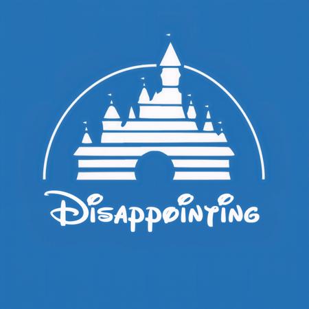 A stylized minimalistic silhouette of a castle, composed of (thick) straight white horizontal lines, with a white arc above it. A (text "Disappointing" depicted using font and style of the Disney logo:1.2), placed below the castle. Blue hues background.