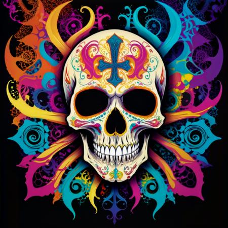 Psychedelic style skull, bones, gothic, intricate details . Vibrant colors, swirling patterns, abstract forms, surreal, trippy <lora:add-detail-xl:1> <lora:xl_more_art-full_v1:1>