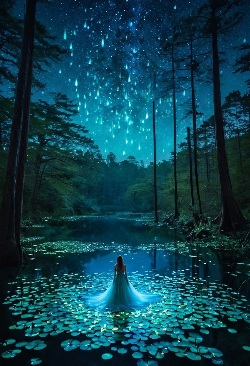 Create an image of a surreal, bioluminescent forest at twilight, where towering, ancient trees glow with ethereal blue and green light. In the heart of the forest, a crystal-clear lake reflects the luminous canopy above. The water is dotted with floating, glowing lily pads that emit a soft, mesmerizing light.
A central figure stands on the edge of the lake, partially submerged in the water. They wear an elaborate, iridescent gown that flows and shimmers like liquid light, blending seamlessly with the glowing environment. The figure's hair is adorned with bioluminescent flowers, and their eyes have an otherworldly glow, suggesting a deep connection with the forest.
Above, the sky is a deep indigo, transitioning to black, and sprinkled with stars that seem to mirror the glowing flora below. A crescent moon casts a gentle light on the scene, adding to the magical ambiance.
Surrounding the figure, mystical creatures with translucent wings and bioluminescent bodies flutter through the air, leaving trails of light in their wake. The atmosphere is filled with a soft, ambient hum, as if the forest itself is alive and breathing.
Colors are vivid and otherworldly, dominated by shades of blue, green, and purple, creating a striking contrast with the dark sky. The overall composition evokes a sense of awe and wonder, transporting viewers to a fantastical, dream-like world where nature and magic intertwine.