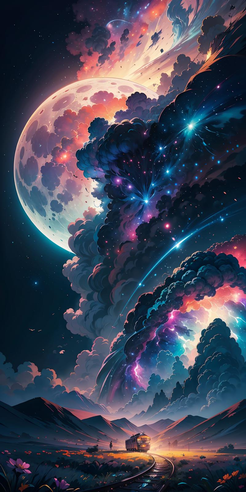 A vibrant and colorful image of a moon and clouds in the night sky.