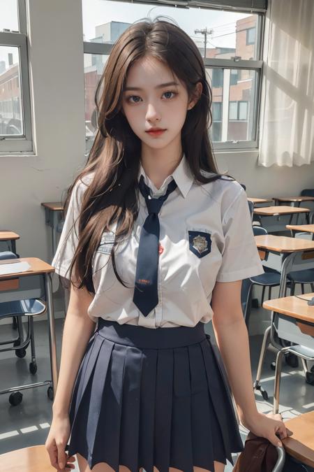 (masterpiece), (best quality:1.2), absurdres, [:intricate details:0.2], 1girl, school uniform, medium breast , fair skin, pale skin, indoor, classroom,long hair, disheveled hair, looking viwer, from front, detailed face, detailed body, detailed skin, photography, 8K, HDR, highres