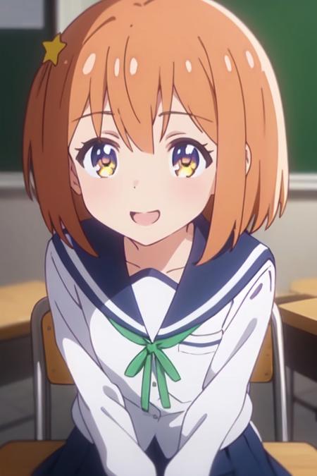 asteroid in love anime lineart, mira konohata, short orange hair, star shaped hairpin on the right, bangs hanging over forehead, purple-ish dark blue/yellow eyes, school uniform, long sleeves, thin green lace, long blue pleated skirt, siting on chair, classroom, looking at viewer, happy face