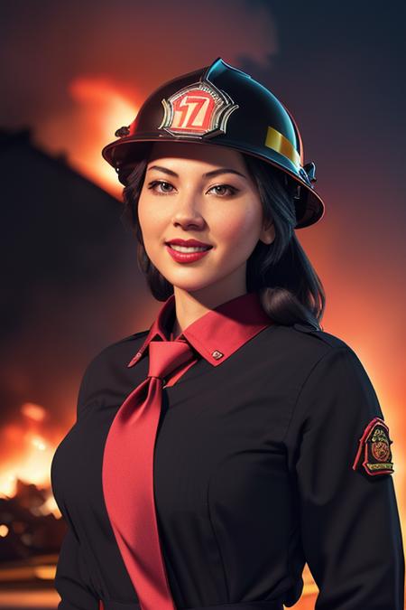 photo of a woman, oliviam, ((necktie, shirt, firefighter helmet, firefighter jacket):1.2), ((closeup, portrait)),((outdoors, neighborhood, homes, at night, fire, explosions):1.2),smiling, ((red lipstick, eyeliner, eye shadow, blush)), ((best quality, masterpiece, extreme details, high resolution):1.2),((detailed eyes, beautiful eyes, detailed face, beautiful face):1.2)