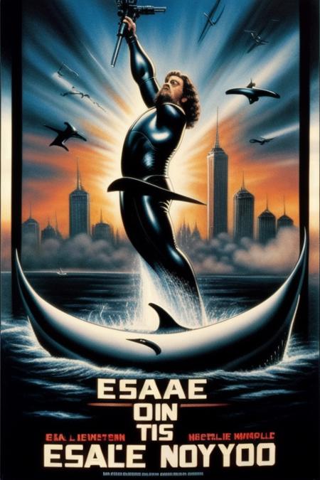 best quality, masterpiece, realistic, detailed, 80s movie poster, escape from new york, free willy, killer whale