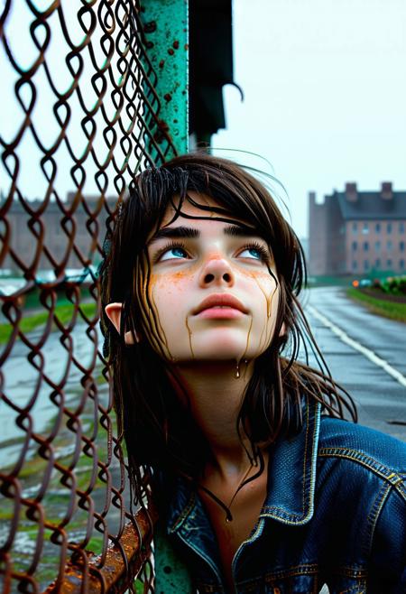 <lora:Half_elf_Kate_101:0.8> Ladybug  katie101 elf freckles  sitting  score_9, score_8_up, score_8, score_9, 2K, realistic, raw, hyper-realistic,   <lora:Dramatic Lighting Slider:2> gothic clothes ,Low-angle medium close-up capturing a young woman, damp brunette hair clinging to her face, gaze directed upward, defiant. She leans against a heavily rusted, corroded chain-link fence framing the left foreground. Background: indistinct industrial streetscape dissolves into dense, cool teal fog. Cinematic realism, evoking a gritty indie film still. Palette dominated by muted indigo denim and teal-grey haze, punctuated by earthy rust and pale skin tones under flat, overcast diffused lighting that enhances the melancholic, isolated mood. Textures: stringy wet hair, weathered denim, rough flaking rust.