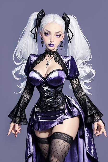 purpl3, thighhighs, long sleeves, dress, choker, black thighhighs, necklace, cross, fishnets, lace, fishnet thighhighs, gothic, purple velvet,
