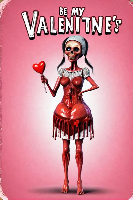 an artists interpretive depiction of the concept of a bloody valentine with the text ("BE MY VALENTINE":1.1), award-winning, professional, highly detailed, high quality, 8k, extremely detailed, multicolored, 8K, beautiful composition, masterpiece, cinematic BREAK (a cute macabre adult valentine's day card with the text "BE MY VALENTINE":1.3)