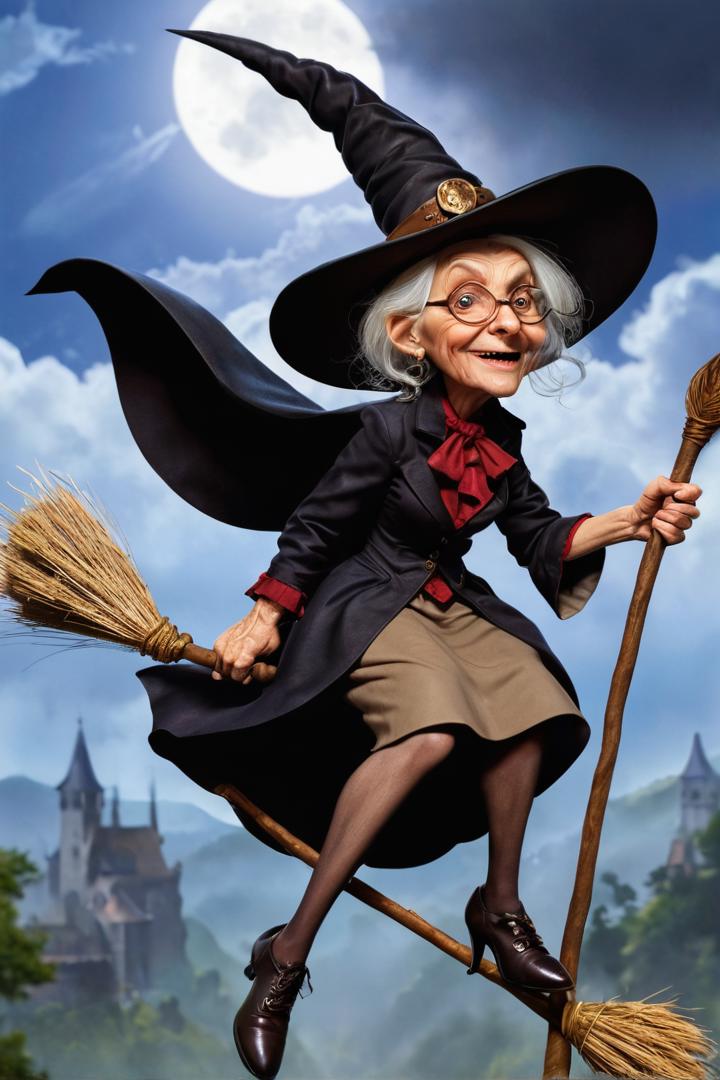 Granny Weatherwax, riding her broomstick, flying over the Discworld. absurd caricature, sexy,