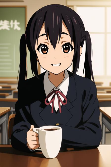 ((masterpiece)), <lora:nakano-azusa-v1.1:0.8>, nakano azusa, 1girl, smiling, short thin body, long dark hair, twintails, brown eyes, school uniform, sitting at the table, holding a cup of tea, school, indoors, closeup