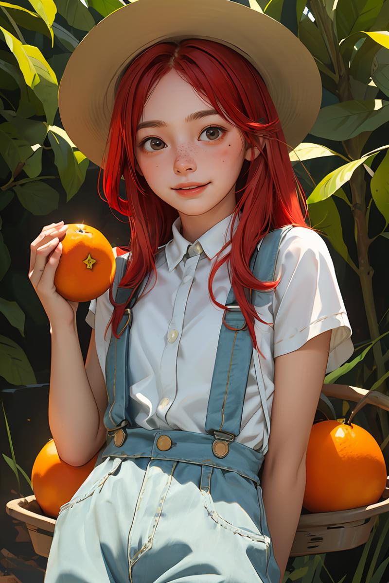 A woman in a hat and overalls holding an orange in front of a tree.