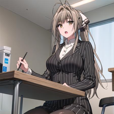 best quality, (masterpiece:1.2), highly detailed, indoors, office, desk,
1girl, solo, <lora:chara_AmagiBrilliantPark_SentoIsuzu_v1:0.8>, sento isuzu, open mouth,  looking at the viewer,
brown hair, long hair, antenna hair, ponytail, brown eyes, pinstripe suit, skirt suit, pantyhose