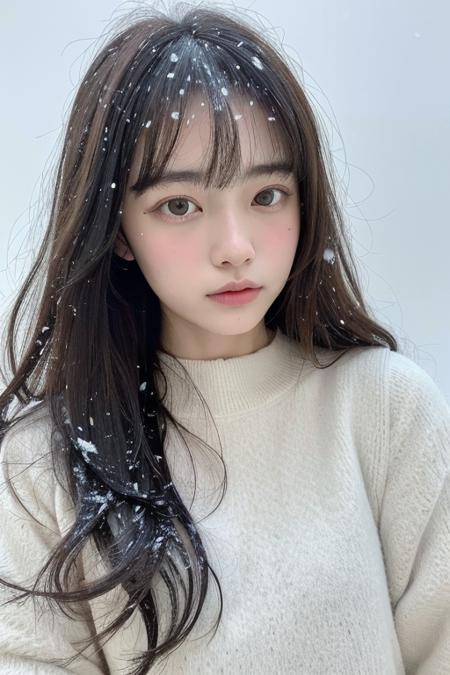 (8k, best quality, masterpiece, ultra highres:1.2) Photo of Pretty Japanese woman in the (style of paul rubens and rebecca guay:1.1) (melancholy winter snow:1.4)