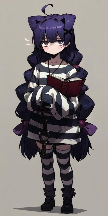 <lora:(criminal girls) alice:0.6>, masterpiece, best quality, 1girl, solo, ali, hair ornament, prison clothes, striped, striped thighhighs, cuffs, chain, (bags under eyes:1.1), oversized clothes, sleeves past wrists, pendant, standing, holding book  <lora:more_details:0.3>,