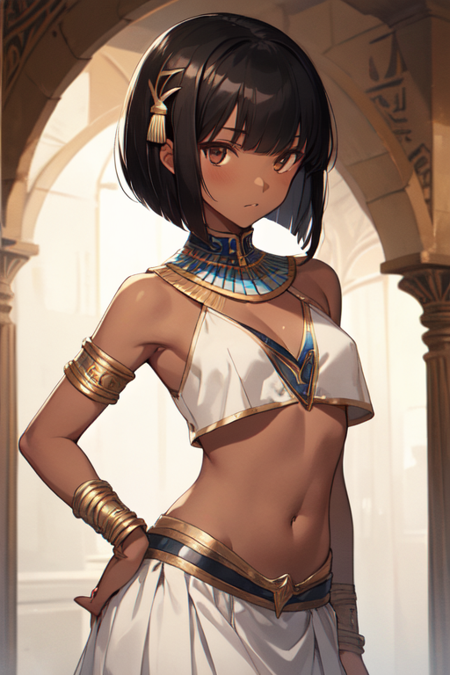 AsarAigis, 1girl, solo, short hair, white skirt, black hair, hair ornament, navel, bare shoulders, brown eyes, small breasts, midriff, dark skin, blunt bangs, dark-skinned female, bob cut, armlet, white egyptian clothes, 