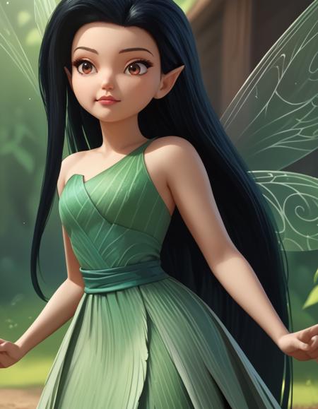 Tinkerbell, fairy, pointy ears, blonde hair, blue eyes,  Periwinkle, fairy, pointy ears, white hair, blue eyes, blue dress, short hair,  Vidia, fairy, pointy ears, black hair, green eyes, ponytail, pink dress,  Silvermist, fairy, pointy ears, black hair, brown eyes, very long hair, green dress Fawn, fairy, pointy ears, ponytail, long hair, brown hair, brown eyes, brown dress, braid, hairband,  Iridessa, fairy, pointy ears, very short hair, black hair, brown eyes, yellow dress,  Rosetta, fairy, pointy ears, brown hair, green eyes, long hair, red dress, 