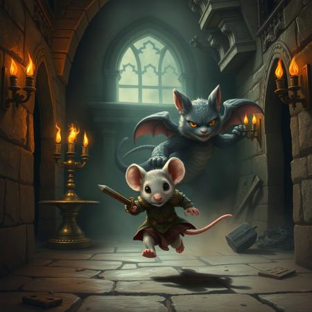 Inside castle, burning torches on walls, metal bars, candelabra, little mouse whit a little rusty armor and a small sword runing escaping, behind a furious big cat in a dragon suit chasing the mouse, dust from his paws, parts of the castle falling from the roof, trembling