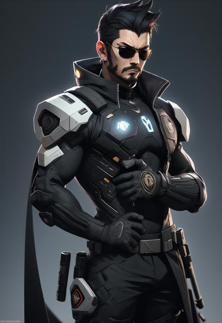 nijistyle, full body of adam jensen deus ex, sunglasses, long black coat, black hair, simple background