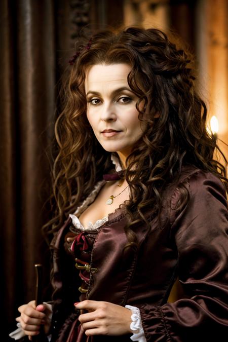 <lora:Helena_Bonham_Carter:1> 1woman, solo, mature hb1873c, , brown_hair, wavy hair, messy hair, dracula costume ,  autumn , day