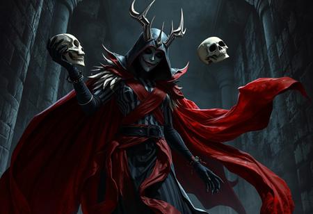 Underworld Princess: black figure, white mask, striped shirt, red sash, holding skulls, red cape flowing. Dynamic action pose, dark fantasy, ominous, high-res, trending on Artstation, octane render, unreal engine 5, Raphael style, splash ink illustration, golden ratio, CGSociety.background Curse of the Shadow Prison