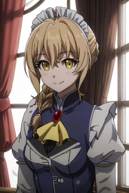 best quality, masterpiece, highres, solo, {maid:1.40}, {long maid dress:1.15}, {guild_girl_goblinslayer:1.15}, blonde_hair, braid, yellow_eyes, long_hair, ascot, hair_between_eyes, smile, anime_coloring