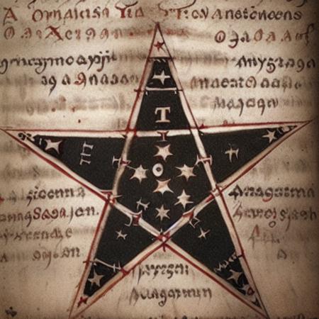 a ancient manuscript page, alchemy , pentagram <lora:ManuscriptAI_LoRA:1>