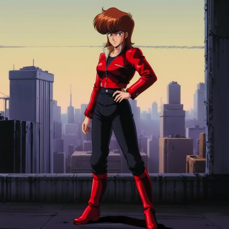 Priscilla,1girl,brown hair,long hair,sidelocks, red eyes, red jacket,black pants,red boots, blue shirt, hardsuit,powered suit, motoslave, powered armor, motorcycle, 1990s (style),retro artstyle,