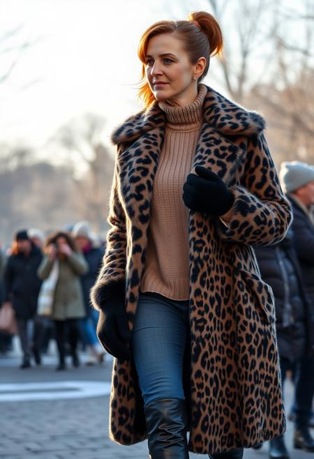A photorealistic portrait of an attractive 57 year old woman from London. She is glamorous, with chestnut hair styled into a stylish ponytail. She has light and subtle makeup on. She is walking on a cold winters day through a busy Zoo. The sky is clear of any clouds, and the sun is low in the sky illuminating her from behind. She is wearing a (luxurious, full length fur coat, in a leopard print:1.5) over a (trailed high neck jumper and jeans:0.8), on her feet are (black calf length boots, with slight heel:1.3). She is also wearing (black fur gloves, with matching ear muffs:1.2) ,It is a candid shot, taken by a family member on their smartphone, detailing a glamorous woman on a family day out.