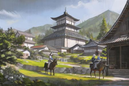 a painting of a village with a couple of people riding horses and a man on a horse with a sword