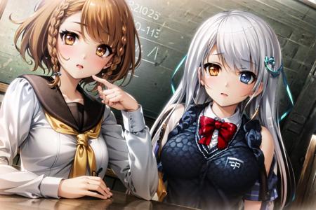 (masterpiece:1.3), (best quality:1.1), 2girls, ((solo)), (finely detailed eyes and detailed face:1.3), (beautiful and clear background:1.2), (extremely detailed CG, ultra-detailed, best shadow:1.1), ((depth of field)), classroom, breasts, bare shoulders, (white background:0.5), (illustration:1.1), (extremely fine and beautiful:1.1), (perfect details:1.1)
AND (masterpiece:1.3), (best quality:1.1), ((2girls)), ((solo)), (finely detailed eyes and detailed face:1.3), (beautiful and clear background:1.2), (extremely detailed CG, ultra-detailed, best shadow:1.1), ((depth of field)), ((watercolor)), (school uniform:1.2), classroom, breasts, bare shoulders, beautiful concept illustration, (white background:0.5), (illustration:1.1), (extremely fine and beautiful:1.1), (perfect details:1.1), kusakabe korona<lora:korona-000020:0.8>
AND (masterpiece:1.3), (best quality:1.1), ((2girls)), ((solo)), (finely detailed eyes and detailed face:1.3), (beautiful and clear background:1.2), (extremely detailed CG, ultra-detailed, best shadow:1.1), ((depth of field)), ((watercolor)), (school uniform:1.2), classroom, breasts, bare shoulders, beautiful concept illustration, (white background:0.5), (illustration:1.1), (extremely fine and beautiful:1.1), (perfect details:1.1), (Amanogawa Saya) <lora:saya-000015:1>