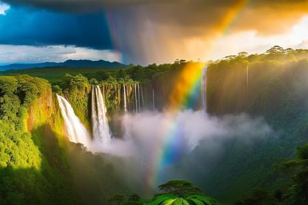 National Geographic landscape photo, panoramic shot over a tropical rain forest with a massive waterfall plunging into a deep basin, god rays, vibrant colors, rainbow, landscape, <lora:waterfallsXL:1>