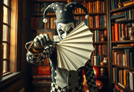 A captivating 4K image, trending on ArtStationHQ, presents a harlequin jester in a dynamic pose, their face hidden by an enigmatic white mask. The jester, central to the composition, uses the golden ratio to command attention. Clad in a meticulously detailed black and white costume—a polka-dotted top hat, striped shirt, and checkered pants—they gesture with a pristine white fan towards the viewer, creating an immediate connection. The jester's eyes, rendered with lifelike detail, convey vivid emotions. The background, a richly detailed bookshelf overflowing with books and knick-knacks, adds depth and context, suggesting a personal library or study. The style seamlessly blends Raphael's classical grace with Houdini's theatrical flair, enhanced by the vibrant energy of splash ink illustration and the photorealistic precision of an Octane render. Harmonious, multicolored tones bathe the scene in captivating light, creating a joyful impact and delivering a powerful, unspoken message. The image is rendered with Unreal Engine 5, emphasizing high-resolution details, sharp lines, stunning colors, and impeccable composition. Every element, from the super-detailed face and clothes to the intentional focus and well-timed moment, contributes to an exceptionally high-quality, handcrafted masterpiece. The overall aesthetic is contemporary, evoking a sense of wonder and mystery.