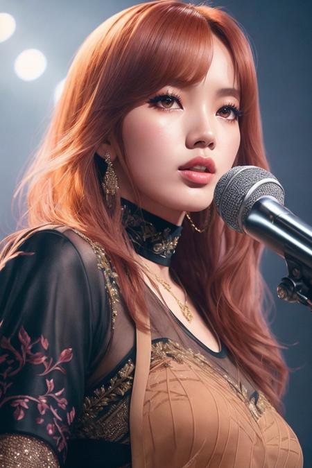 photo of (lis4man0ban:0.99), a woman (wearing a sexy outfit:1.2), (leggins), (as a singer in a K-pop concert:1.2), (singing with a microphone:1.3), modelshoot style, (extremely detailed CG unity 8k wallpaper), photo of the most beautiful artwork in the world, professional photorealistic picture, NIKON, Antonio Moro, trending on ArtStation, trending on CGSociety, Intricate, High Detail, Sharp focus, dramatic, photorealistic painting art by midjourney and greg rutkowski, ((looking at viewer:1.4)), (detailed eyes:1.2), (k-pop concert), (closeup:1.1), (surrounded by k-pop idols:1.2), (perfect eyes), (auburn hair)