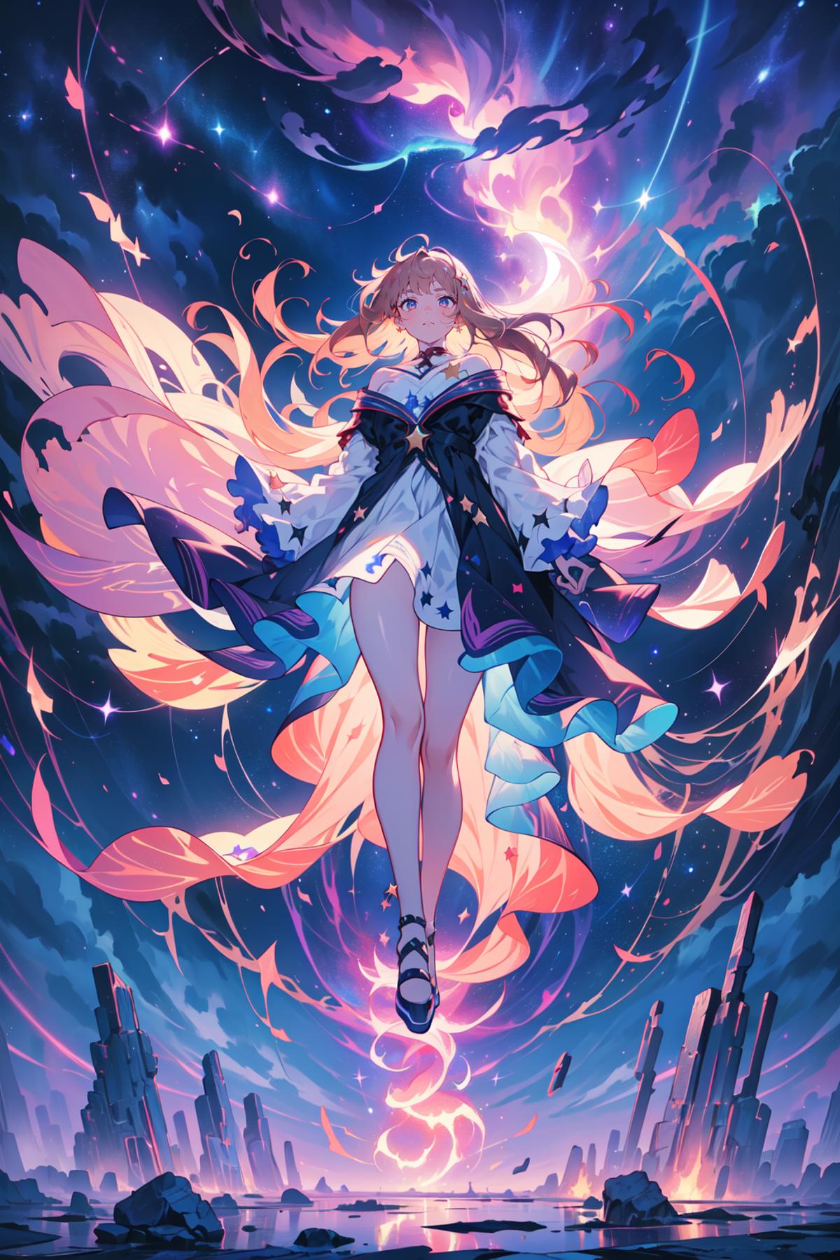 Anime girl with blue eyes and long hair wearing a flowing dress.