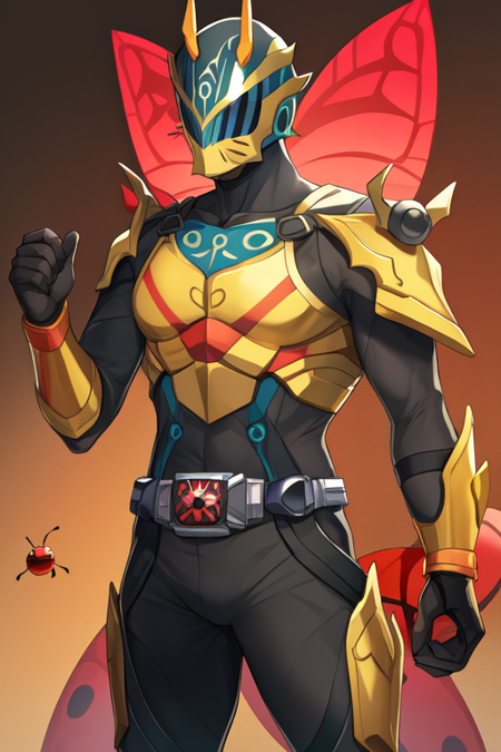 ryuki, solo, mask, helmet, ladybug, yellow bodysuit, bronze armor