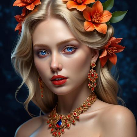 Ultra realistic color pencil drawn portrait of a beautiful 20yo blonde female with red and orange flowers in her hair, large intricate  golden earrings and a detailed and intricate golden necklace. (looking at viewer), (beautiful blue-gray eyes), (ruby red lipstick),
BREAK
Deep dark intense (midnight blue hazy background:1.6),
dynamic lighting, (soft shadows), (soft focus),  (photo realistic), uhd, 8k