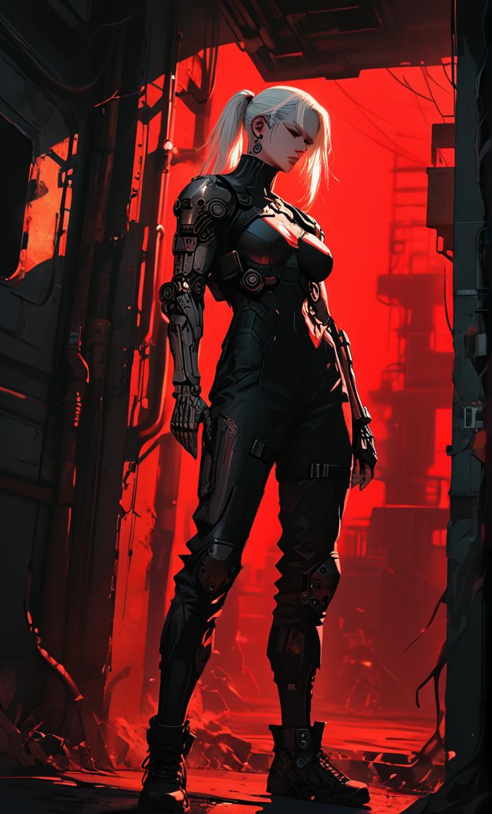 score_9,score_8_up,score_7_up,  masterpiece,  sinozick style, black and red theme, harsh lighting,s1_dram
wide dutch angle, very wide shot, distant, wide shot, standing against wall, smoking, holding cigarette, 
A powerful cyborg female assassin,  white hair, ponytail with parted bang,undercut, and a busty physique stands inside a futuristic spaceship deck. She is clad in a sleek armored suit, intricate full body armor, cybernetic eyes, combat boots,  dynamic pose, cyberpunk city, spacecraft,  negative, dark red background
detailxl<lora:add-detail-xl:2>   <lora:Sinozick_Style_XL_Pony:0.9>  <lora:S1_Dramatic_Lighting_v2:0.5>