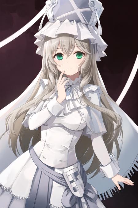  pmmmorikomagi, green eyes, blonde hair, white dress, shield on hip, white hat,