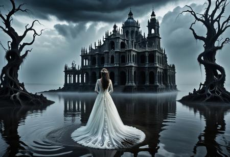 lazypos, Organic Macabre
A forlorn bride stands at the edge of black, rippling waters beneath a heavy, clouded sky. Her wedding dress is tattered and soaked, merging with the dark, viscous surface like shadows bleeding into the abyss. Her pale, elongated face is obscured partially by wet, tangled hair, eyes hollow with sorrow and despair. Around her rise twisted, skeletal trees and crumbling gothic ruins, their baroque architecture warped and decayed, looming over a desolate, nightmarish landscape. Mist and smoke swirl thickly, blurring the boundary between water and air, while ghostly, deformed figures and skulls faintly emerge beneath the surface, symbolizing death and decay. The scene is rendered with intricate textures and layered darkness, evoking a macabre, surreal dreamscape where melancholy and dread intertwine. Light is scarce and eerie, casting subtle glows that highlight the bride’s spectral form amid the oppressive gloom